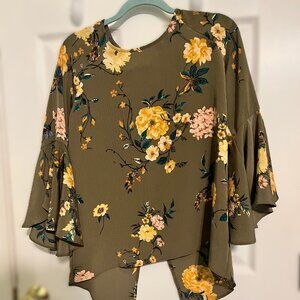 NWOT LC Lauren Conrad Women's Green/Pink Floral Ruffle Sleeve Blouse, S